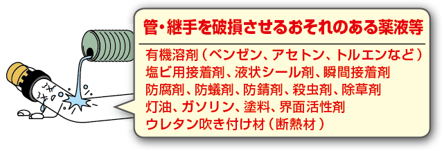 管・継手を破損させるおそれのある薬液等